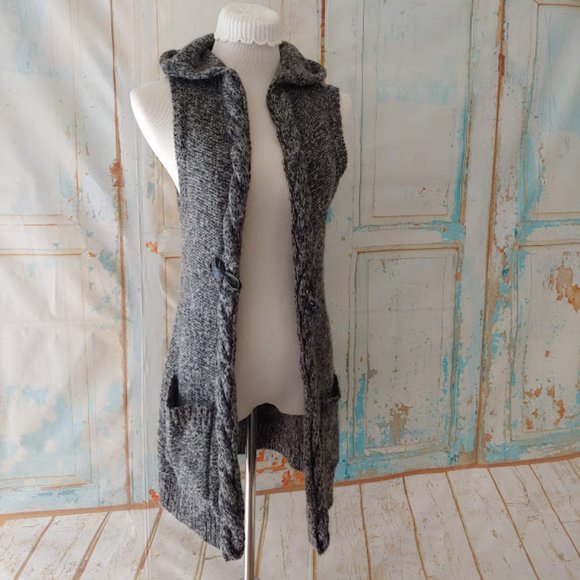 Sarah Spencer wool mohair pocket hood sleeveless cardigan duster sweater/S/gray - Picture 2 of 14